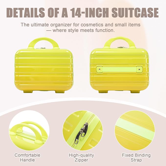 GDFStudio 14/20 Inch 2 Piece Luggage Set,PC Hard Shell Spinner Suitcase,Combination Lock,360° Silent Wheels, Retractable Handle,Carry On Travel Luggage with 14” Cosmetic Case,Gradient Yellow-Green - Image 7