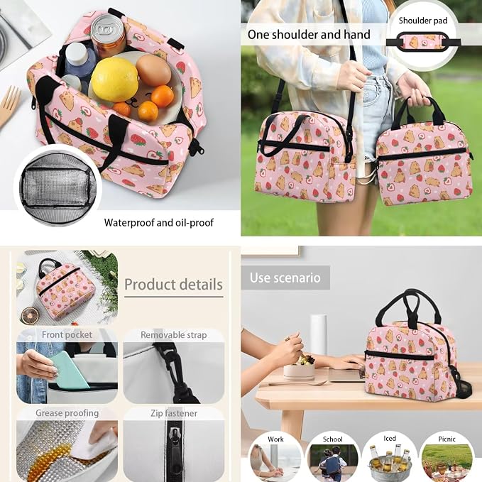 Capybara Strawberry School Bags for Girls, 3Pcs Students Backpack, Elementary Princess Bookbag Sets with Lunch Box Pencil Case for School - Image 3