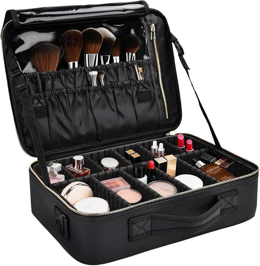Travel Makeup Bag with Brush Holder, Professional Cosmetic Train Case Organizer, Portable Travel Makeup Brush Carry Case Artist Storage Box with Adjustable Dividers and Shoulder Strap, Leather Black by Greenfeather