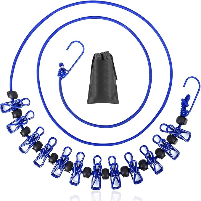 B&Y Travel Clothesline, Portable, Retractable and Adjustable Camping Clothesline, with a Non-Woven Bag, 13 Non-Slip Clips, 12 Clothes Clips, Indoor and Outdoor use (Blue) by Unknown