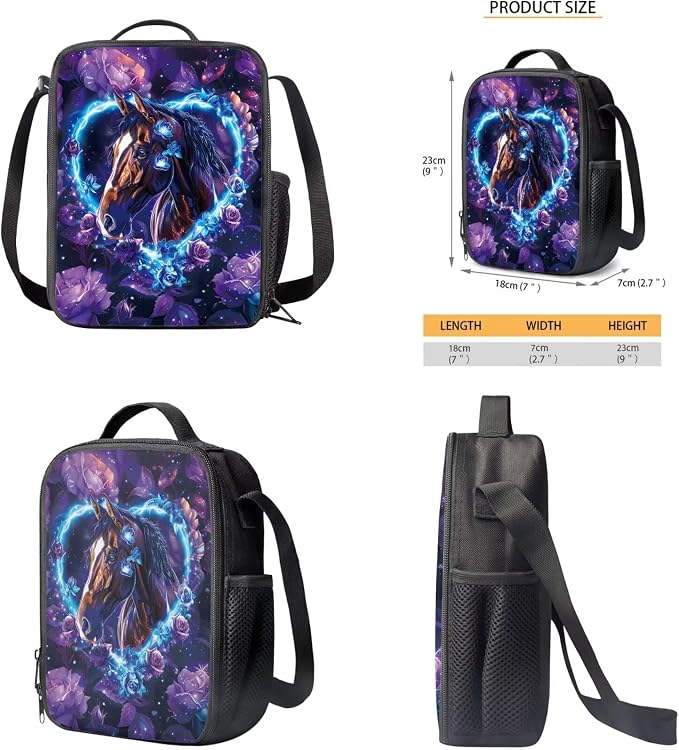 Horse Backpack for Girls Kids Backpack with Lunch Box Water Bottle Holder and Aesthetic Pencil Case 4PCS Set Bookbag with Compartments for School Teens 17" Sturdy School Bag with Side Pocket - Image 5