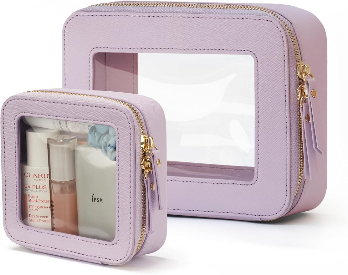 Popvibe Clear Makeup Case Toiletry Bag Travel Medium Clear Cosmetic Bag with Zipper, Make Up Bag Organizer Traveling TSA Approved Transparent Bag Car for Essentials, Mini & Medium, Purple by POPVIBE