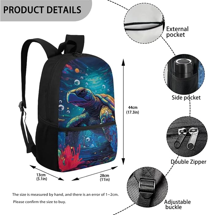 Retro Sea Turtle Print Backpack Set Boys Girls Schoolbag Large Capacity Bookbag Lunch Box Pencil Case 17 Inch Travel Laptop Backpacks Rucksack Fashion Daypack with Zipper - Image 2