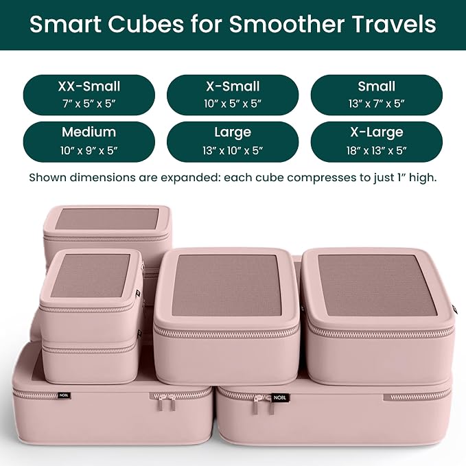 NOBL Travel Compressible Packing Cubes Set, 6 Pieces Travel Packing Organizers, Compression Luggage Cubes for Suitcases & Carry On, Space Saving (XXS, XS, S, M, L, XL) - Blush - Image 2