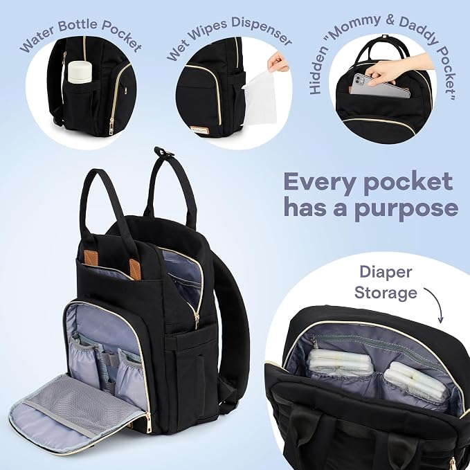 RUVALINO Diaper Bag Backpack, Multifunction Travel Pack Maternity Baby Changing Bags, Large Capacity, Waterproof, Deep Black, Polyester - Image 2