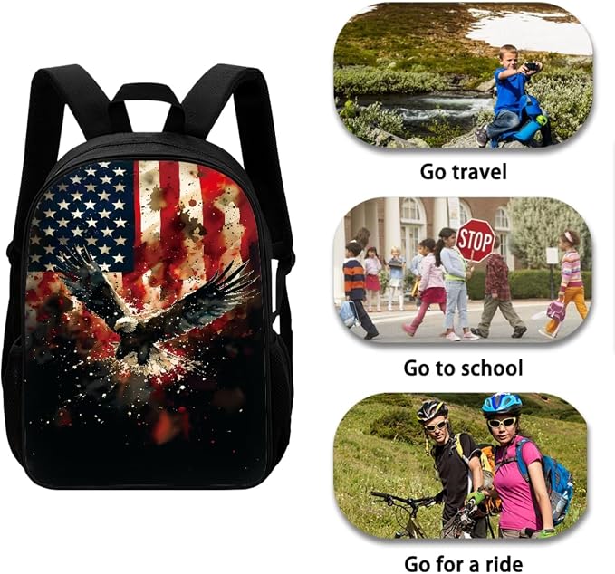 Vintage American Flag Eagle Print Backpack Set Kids Bookbag Primary School Large Daypack with Lunch Bag and Pencil Bag, Elementary Students July 4th Knapsack for Teens Girls - Image 3
