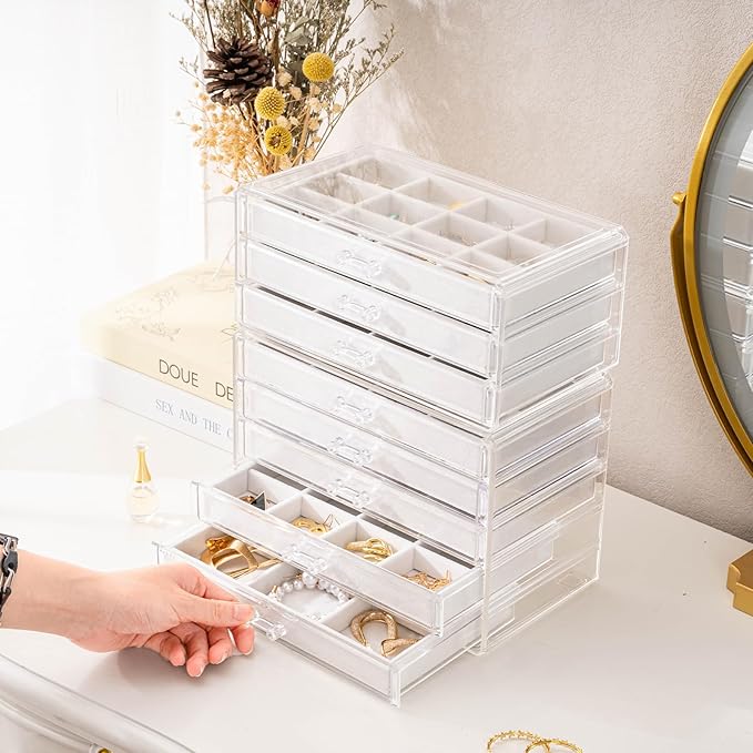 ProCase Earring Holder Organizer Jewelry Box with 8 Drawers, Acrylic Clear Earring Case with Adjustable Velvet Trays for Women - Warmwhite,8 Layers - Image 3