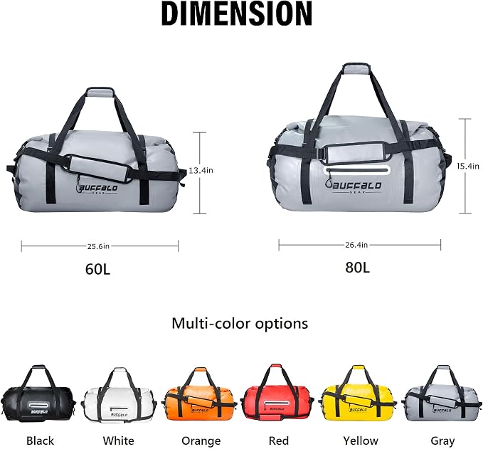 Buffalo Gear Waterproof Duffle Bag 40L 60L 80L Roll-top Dry Bag Heavy Duty Waterproof Duffel Travel Bag for Kayaking Rafting Boating Fishing Camping - Image 7