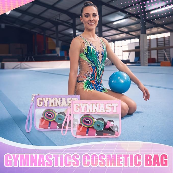 6 Pcs Gymnastics Gifts Cosmetic Makeup Bags, Pink Purple Clear PVC Zipper Pouch with Chenille Letter Patch, Waterproof Travel Toiletry Storage Bag for Team Girls Women Party Favor - Image 4