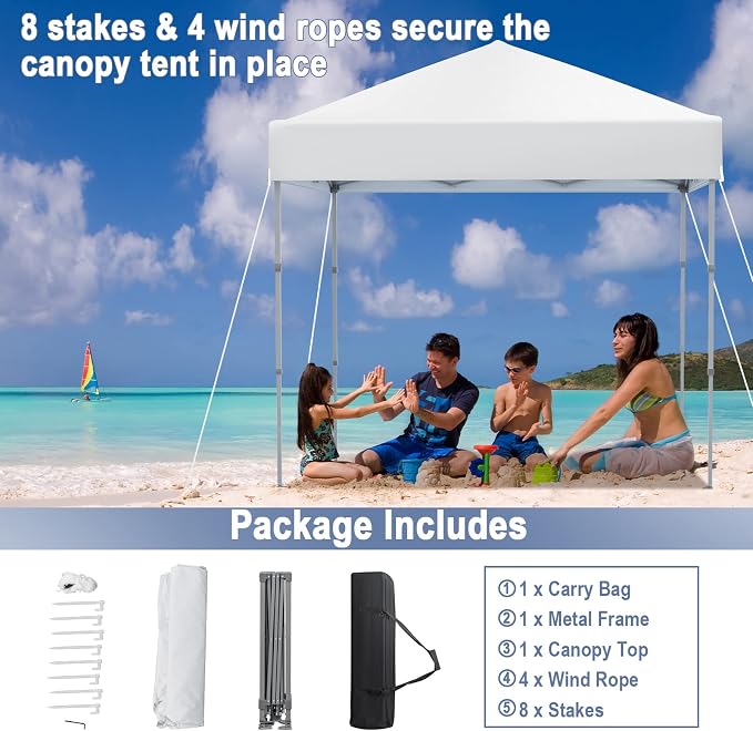 6.6 x 6.6 Ft Pop Up Canopy, 1 Person Instant Setup Canopy Tent with Push Center Lock, 8 Stakes, 4 Ropes & Carrying Bag, Portable Easy Up Gazebo Shelter for Outdoor Camp, Beach, Patio & Party - Image 5