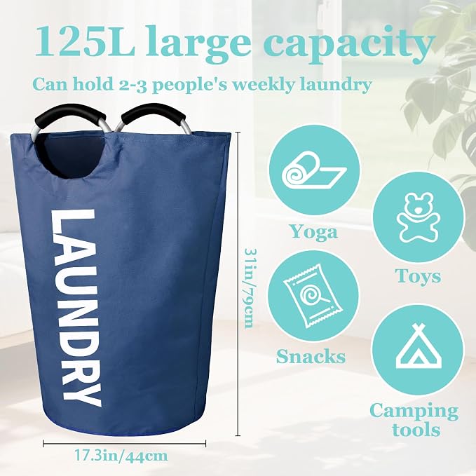 WOOHA 125L Large laundry basket,Collapsible laundry hamper, Tall Clothes Baskets Folding Washing Bin Foldable Fabric Hamper Bags for Bedroom, Closet,Bathroom,College,laundry bag,navy blue - Image 2