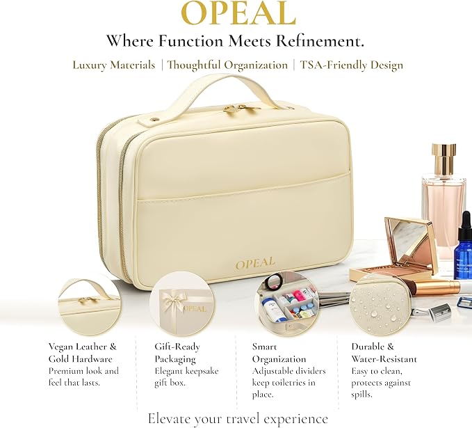 2-in-1 Travel Makeup and TSA Toiletry Organizer for Women – Flexible Compartments, Clear TSA Window, Wipe Clean Vegan Leather, Gift Box Included – Carry-On Approved, Cream - Image 6