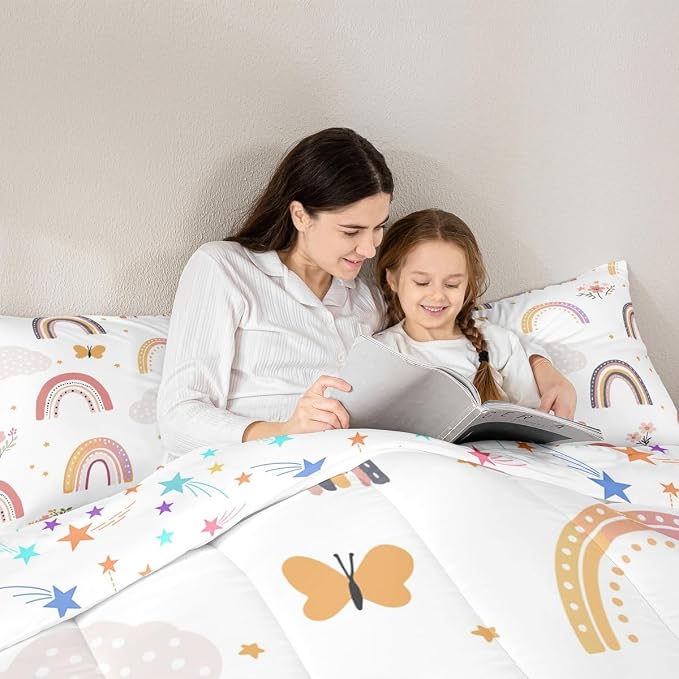 Erosebridal Rainbow Full Bedding Sets for Girls,Cartoon Butterfly Comforter Set Flower Floral Bedding Set for Kids Girls Children Women,Stars Hand Drawn Rainbow Bedding Comforters Kawaii Room Decor - Image 5