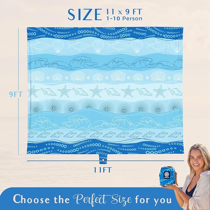 WEKAPO Beach Blanket Waterproof Sandproof Oversized Extra Large Sand Free Beach Mat with Stakes, Storage Bag - Essentials for Outdoor Beach, Picnic (Bohemian Starfish, 11 X 9 FT (1~10 Person)) - Image 3
