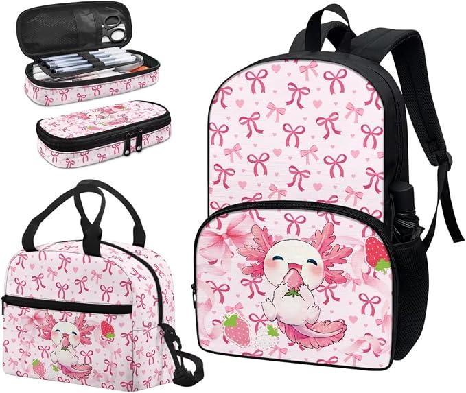 Bow Axolotl Backpack with Lunch Box Pencil Case 3 in 1, Kids School Bag Girls Bags Lightweight Backpacks for Travel Sports Gym - Image 6