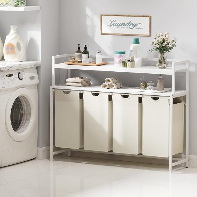 Lifewit Laundry Hamper 4 Section, 168L Pull out Laundry Clothes Basket Organizer with Large Top Shelf and 4 Removable Bags and Handles for Laundry Room Bedroom Bathroom, White with Shelves - Image 7