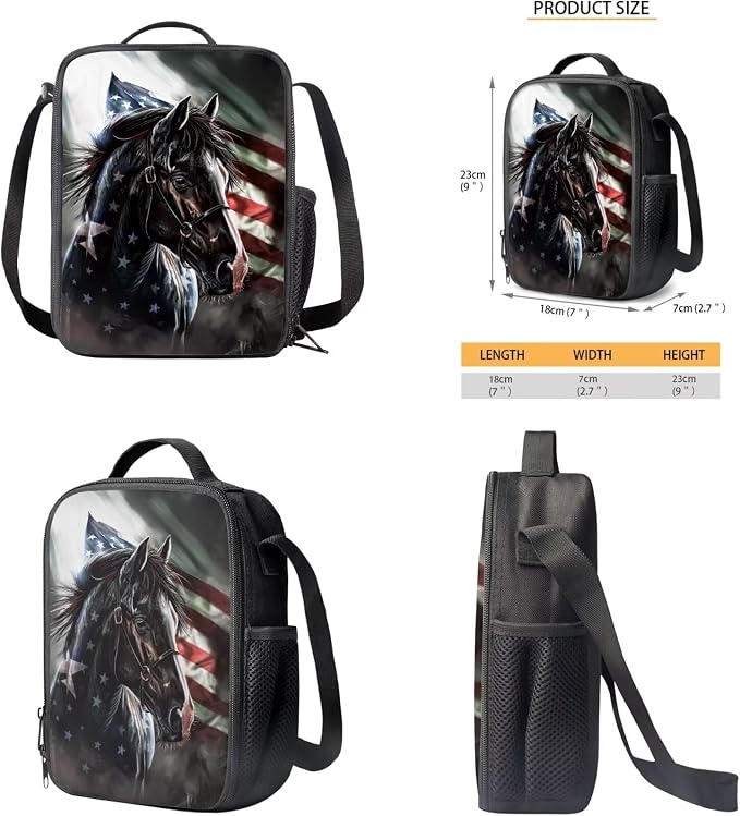 American Flag Horse Backpack for Boys Girls Backpack with Lunch Box Water Bottle Holder with Strap and Pencil Pouch 4PCS Bookbag with Compartments for School Teens 17 inch School Bag for Kids - Image 5