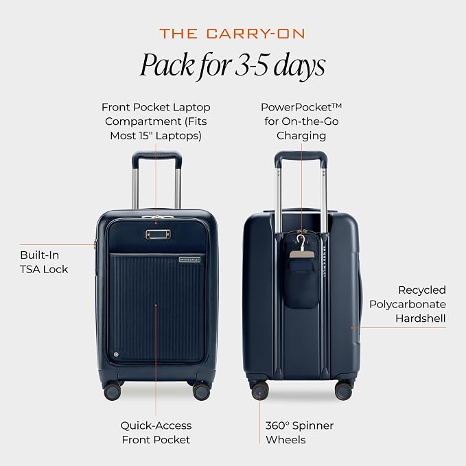 Briggs & Riley Essential 22 Inch Carry On Luggage Suitcase - Hardshell Luggage with Front Opening Pocket - Laptop Compartment - Compression Packing & Spinner Wheels - Sympatico Collection - Navy - Image 3