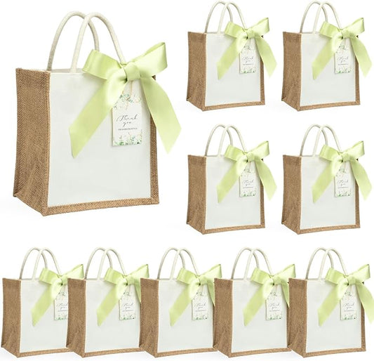 10 Pack Small Burlap Gift Bags with Light Green Ribbons for Bridesmaid, Wedding Welcome Reusable Jute Tote by JollyFayre