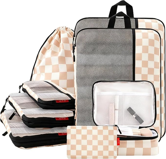U+U 8 Set Compression Packing Cubes - Ultralight Travel Organizers with Laundry Bag and Cosmetic Bag, Space-Saving Suitcase Organizer for Travel, Business Trip and Family Vacation (Khaki Checkered) by UU