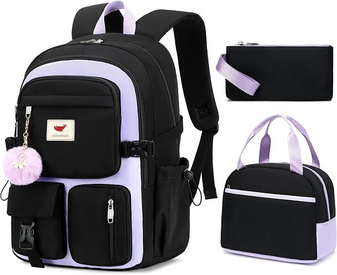 Laptop Backpack 15.6 Inch Elementary Middle High School Bag College Backpacks with Lunch Box Pencil Pouch 3 PCS Set Travel Bookbags for Teens Girls Women Students (Black Purple) by LXYGD