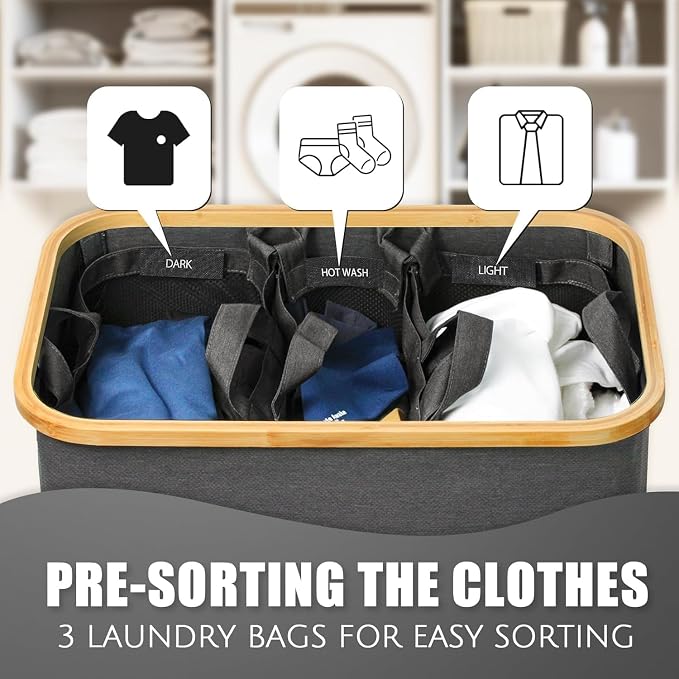 Hampers for Laundry Basket with Lid, 160L Large Laundry Hamper 3 Section | Dirty Clothes Hamper Separator with 3 Removable Bags & 5 Labels, Divided Laundry Organizer for Bedroom, Laundry Room, Gray - Image 4