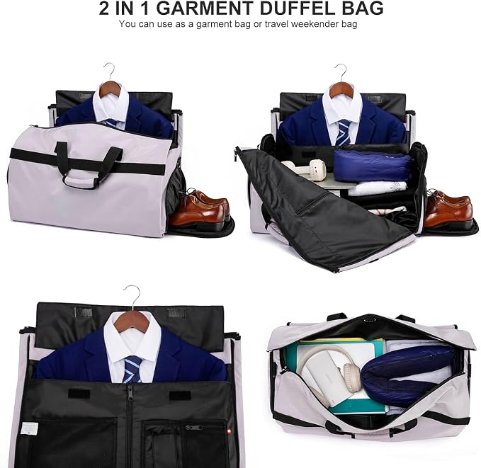 Travel Garment Bag Suit Bags for Men with Shoulder Strap & Shoes Compartment, Water Resistant Carry On Garment Duffle Bag - 2 in 1 Hanging Suit Garment Bags for Travel, Grey - Image 4