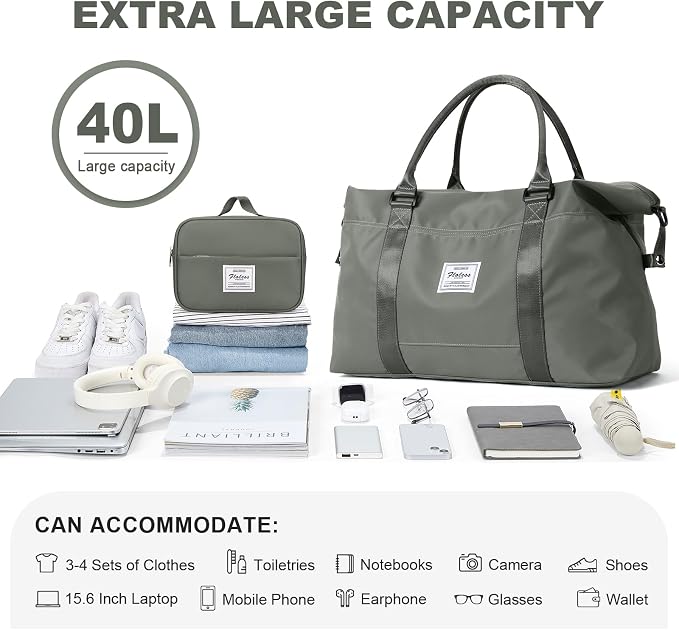 HYC00 Travel Duffel Bag with Toiletry Bag,Weekender Overnight Bag for Women,Carry-on Bag with Wet Pocket,Gym Bag,Extra Large,Olive Green - Image 3