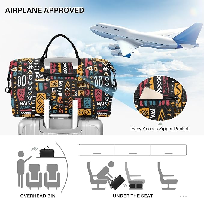 Weekender Bags Travel Duffel Gym Bag Carry on Overnight Tote Bag with Toiletry Bag for Airplane Travel Trip Gym Yoga (African Geometric Print) - Image 5
