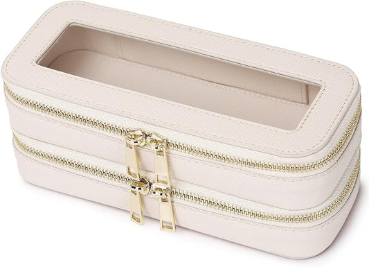 Pinkmik Double Layer Makeup Bag, Beige, Double SLIM | Makeup Brush Case, Waterproof, Travel Cosmetic & Toiletry Organizer by Pinkmik