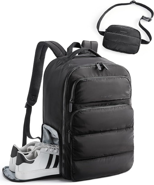 BAGSMART 35L Travel Backpack for Women, 17.3" Carry-On Personal Item | Flight Approved, 180° Opening, Wet/Dry Pocket, Free Crossbody Bag, Shoe Compartment, Luggage Sleeve, Water Resistant by BAGSMART