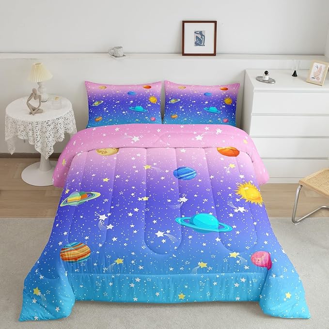 Erosebridal Cute Galaxy Comforter Set King for Boys Girls Kids Stars Planet Space Bedding Set Kawaii Rainbow Pastel Bedding Comforter Sets Pink Blue Purple Ombre Cartoon Quilt Duvet 2 Pillow Cases - Image 2