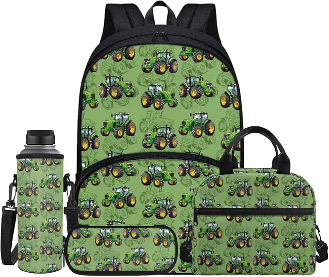 Cartoon Farm Tractor Kids Backpack 4 Pcs Cute Tractor Backpack Set with Lunch Box Pencil Bag Bottle Carrier Bag Sling Bags for Boy Girl Middle School Primary Student Bookbag Casual Daypack by FUIBENG