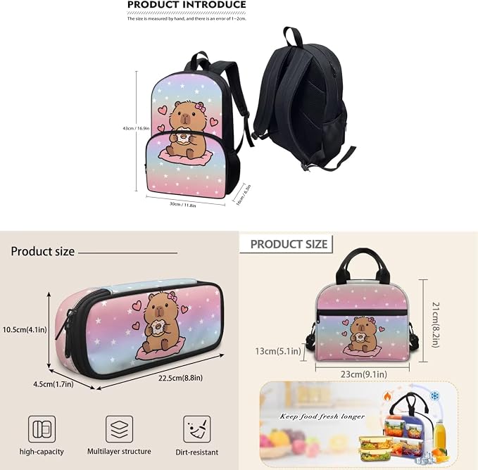 Capybara Donuts Backpack for Kids, Girl Cute Backpack School Bookbags with Insulated Lunch Box Pencil Case 3 in 1, Lightweight Backpack for Travel - Image 5