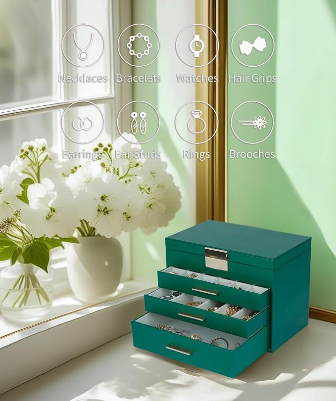 BOOVO Jewelry Boxes for Women, White and Black 6 Layer Large Jewelry Box for Necklace, Bracelet, Earrings, Rings Storage, Jewelry holder Organizer for Girls Gift (Green, 5 Layer) - Image 3