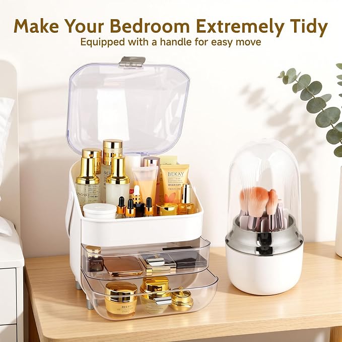 Makeup Organizer with Drawers-Cosmetic Display Case for Vanity|Skincare Organizer with 360 Rotating Brush Holder,Large Storage Box Dresser,Women Gifts Display Cases for Bathroom Countertop, Sliver - Image 6