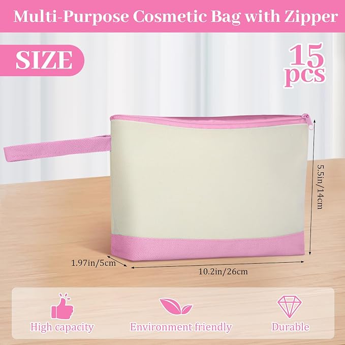 Silkfly 15 Pcs Cotton Canvas Makeup Bags Cosmetic Zipper Bags 10.2 x 5.5 x 2'' Blank DIY Pouch Bulk Pencil Case with Bottom Travel Toiletry Pouch for Women Craft Decor Gift (Beige and Pink) - Image 2