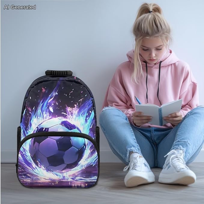 Flying Soccer Backpack for Boys Kids Backpack with Lunch Box Water Bottle Holder with Strap and Zipper Pencil Case 4PCS Set Bookbag with Compartments for School17 inch Elementary Preschool - Image 2