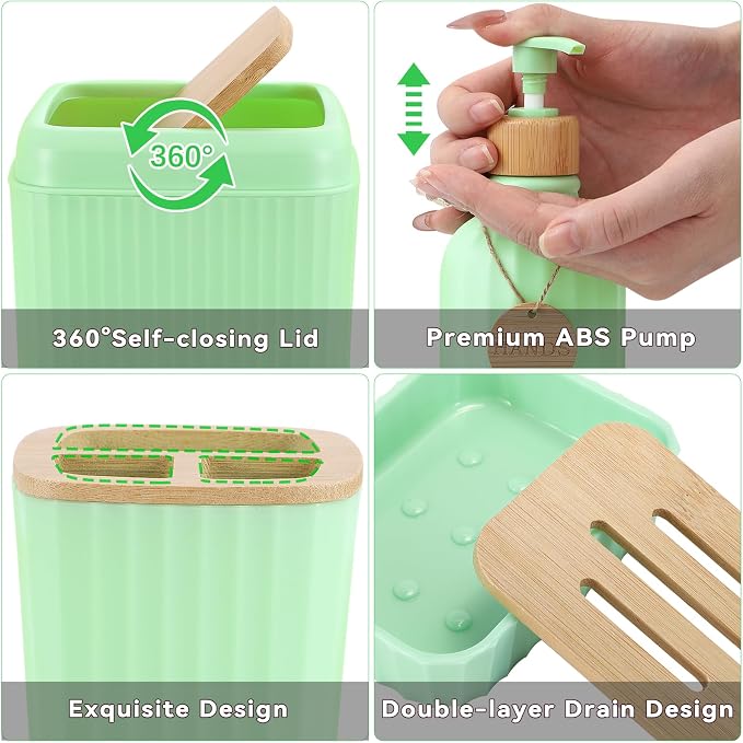 32PCS Green Bathroom Accessories Set with Shower Curtain,Rugs,Trash Can,3PCS Lotion Soap Dispenser, Toothbrush Holder, Soap Dish,Tumbler Cup,6PCS Wood Tags Bath Accessories with Tray for Bathroom - Image 5