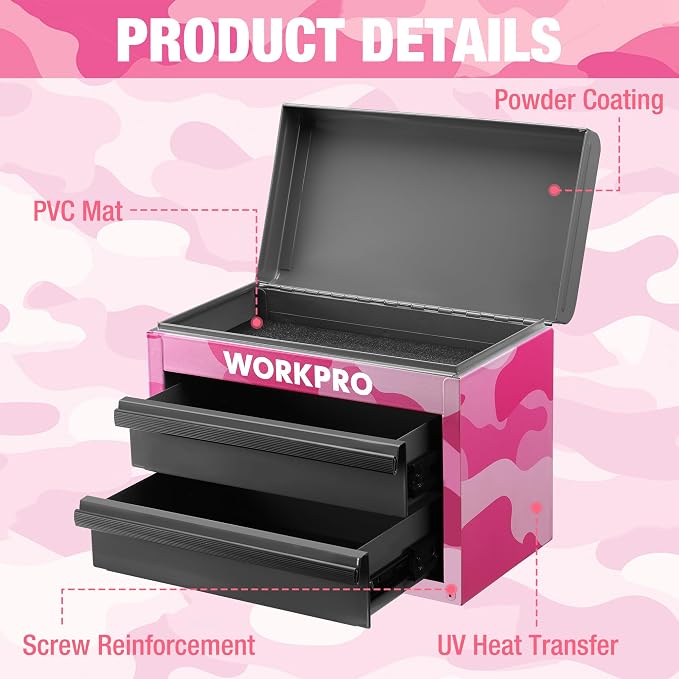 WORKPRO Metal Mini Tool Box with 2 Drawers and Top Storage | Cold Rolled Steel Toolbox, Ball Bearing Slides, PVC Drawer Liners, PP Feet Pads, Durable Storage - Image 5