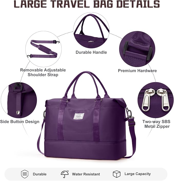 Travel Duffel Bag with Shoes Compartment, Overnight Weekender Bags for Women, Carry on Personal Item Travel Set,Extra Large(Dark Purple) | Overnight Carry-On Bag with Toiletry Bag & Wet Pocket & Trolley Sleeve,Extra Large - Image 5