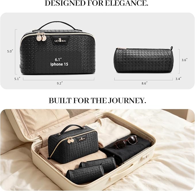 Travel Makeup Bag for Women: Designer 3 Pcs Set Cosmetic Bags for Women - Large Capacity Vagen Leather Hand-made for Toiletry Organizer - Ladies Travel Flat Open Essentials for Luxury (03Black) - Image 7