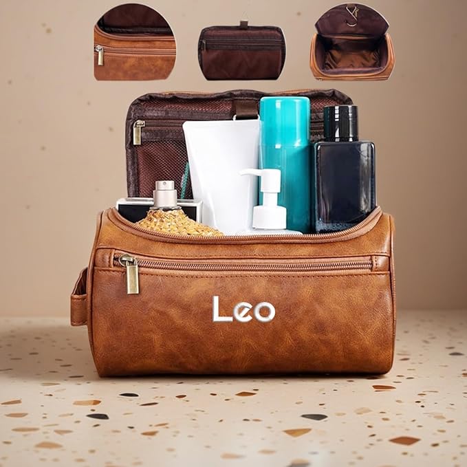 GOPHIE Personalized Embroidered Men's Leather Toiletry Bag,Travel Toiletry Bag for Men,PU Leather Waterproof Travel Shaving Dopp Kit (1, Light Brown) - Image 3