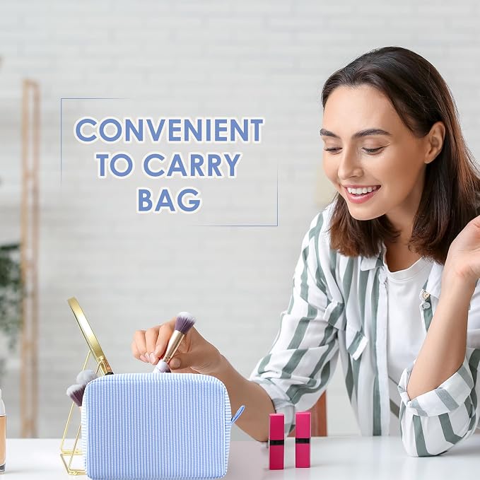 Sanwuta Seersucker Cosmetic Bag Bulk Striped Makeup Bag for Women Aesthetic Cute Travel Toiletry Organizer Preppy Storage Pouch for Wedding Bridesmaid Mother's Day Teacher Gift(Large,Light Blue,6) - Image 3