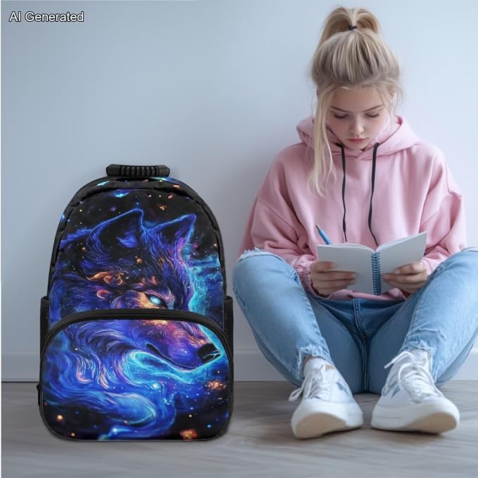 Dominant Wolf Kids Backpack Set 4Pcs School Bookbag with Lunch Box for Boys 6-10 Lightweight Elementary School Bag for Boys Large Capacity Set Bottle Slevee Cool Pencil Case Gifts Travel - Image 2