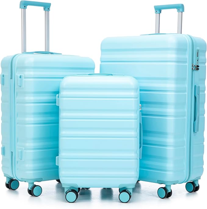 3-Piece Luggage Set 20/24/28'' Hard-shell with 360° Spinner Wheels & Combination Lock, Lightweight ABS Material for Travelling, Blue by LUCCALILY
