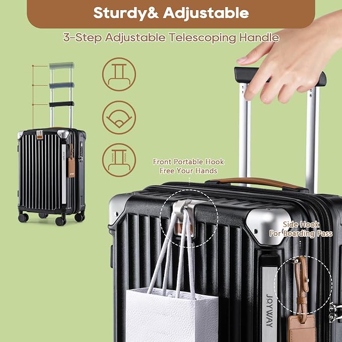 Joyway 5 Piece Luggage Set with Cup Holder, Expandable 25% Capacity, Includes Handbag, Anti Slip Wheels, Hook, Smart Carry On Suitcase for Men and Women, Spinner Travel Black - Image 8