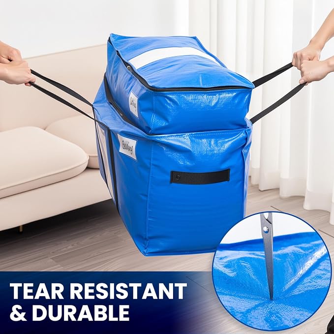 TAILI 2 Tier Extra Large Moving Bags, 2 Pack Blue Heavy Duty Totes For Storage with Visible Window, Wrap Around Handles, Storage Bags for Space Saving, Alternative to Moving Boxes - Image 6