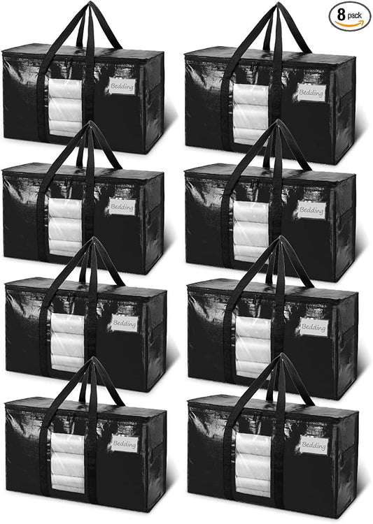 TAILI Extra Large Moving Bags, 8 Pack Black Heavy Duty Totes For Storage with Visible Window, Wrap Around Handles, Storage Bags for Space Saving, Alternative to Moving Boxes by TAILI