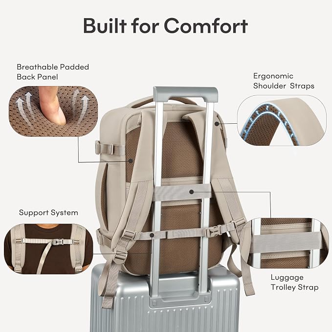 mibasies 30L Travel Backpack for Women & Men: Flight Approved Carry On Backpack, TSA Personal Item Bag with Water Bottle Pocket, Weekender Essentials Backpacks fits 15.6" Laptop - Khaki Ivory - Image 8